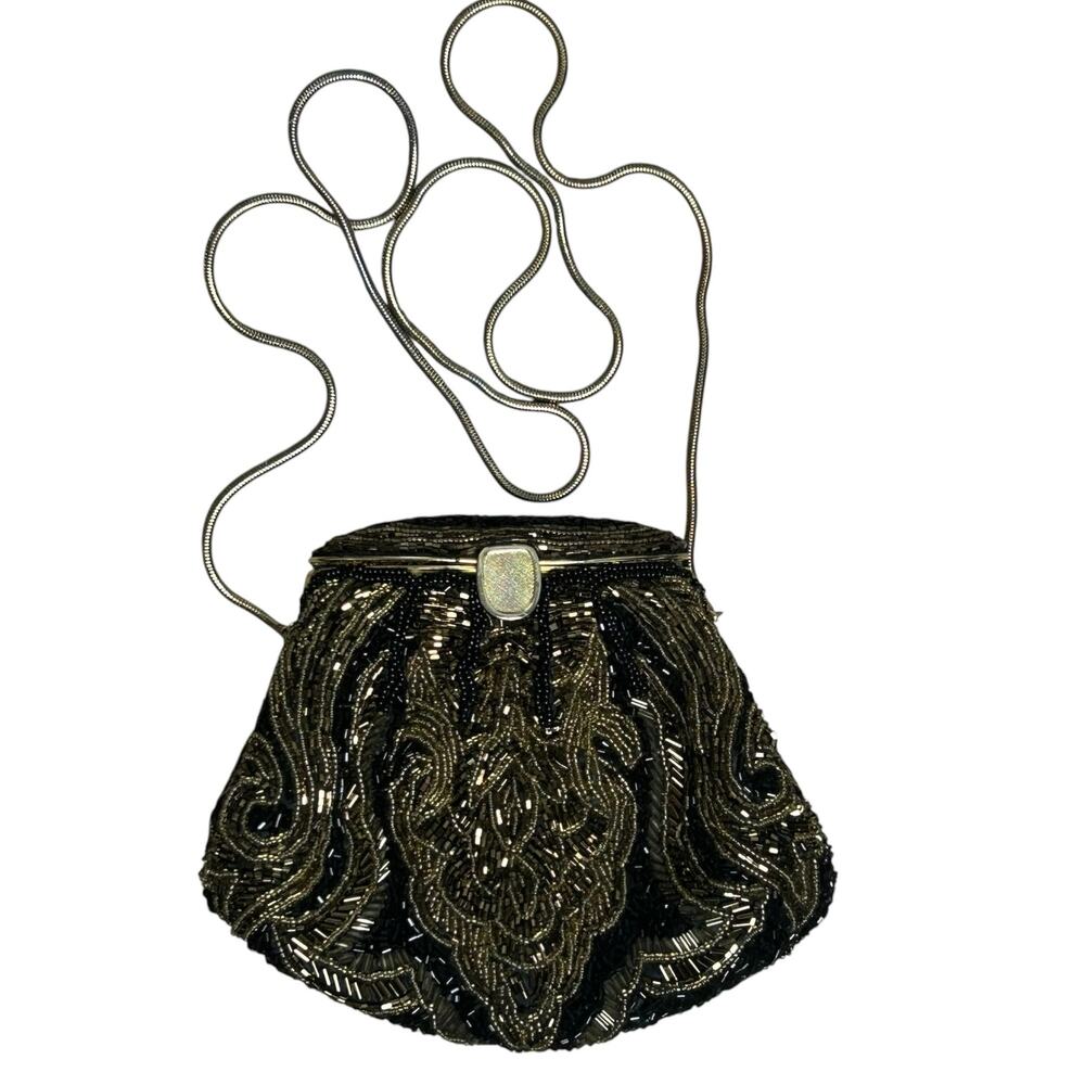 Vintage La Regale Black and Gold Beaded Evening Bag